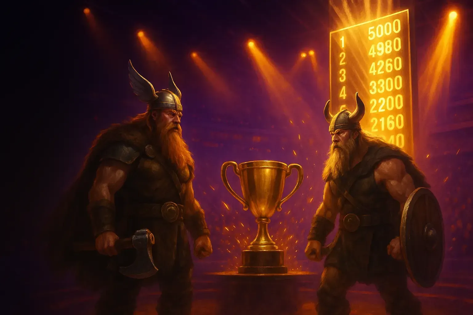 Hit'n'Spin turneringsarena med pokal og leaderboard af lys